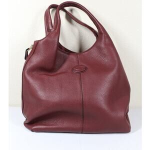 Tod's Wine Red Pebbled Leather Zip Hobo Tote